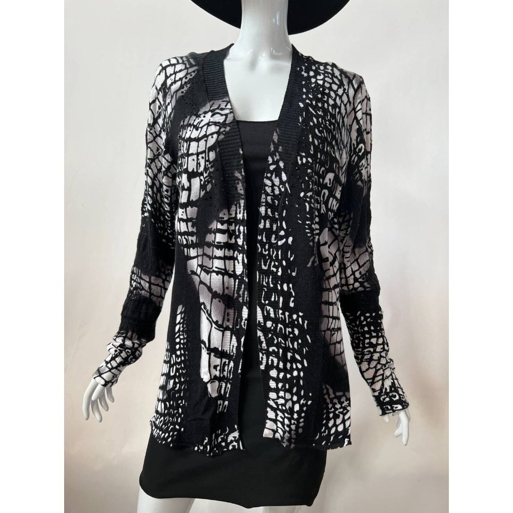 Mona Leah Couture Womens Cardigan Sweater Black Animal Print Long Sleeve Open L